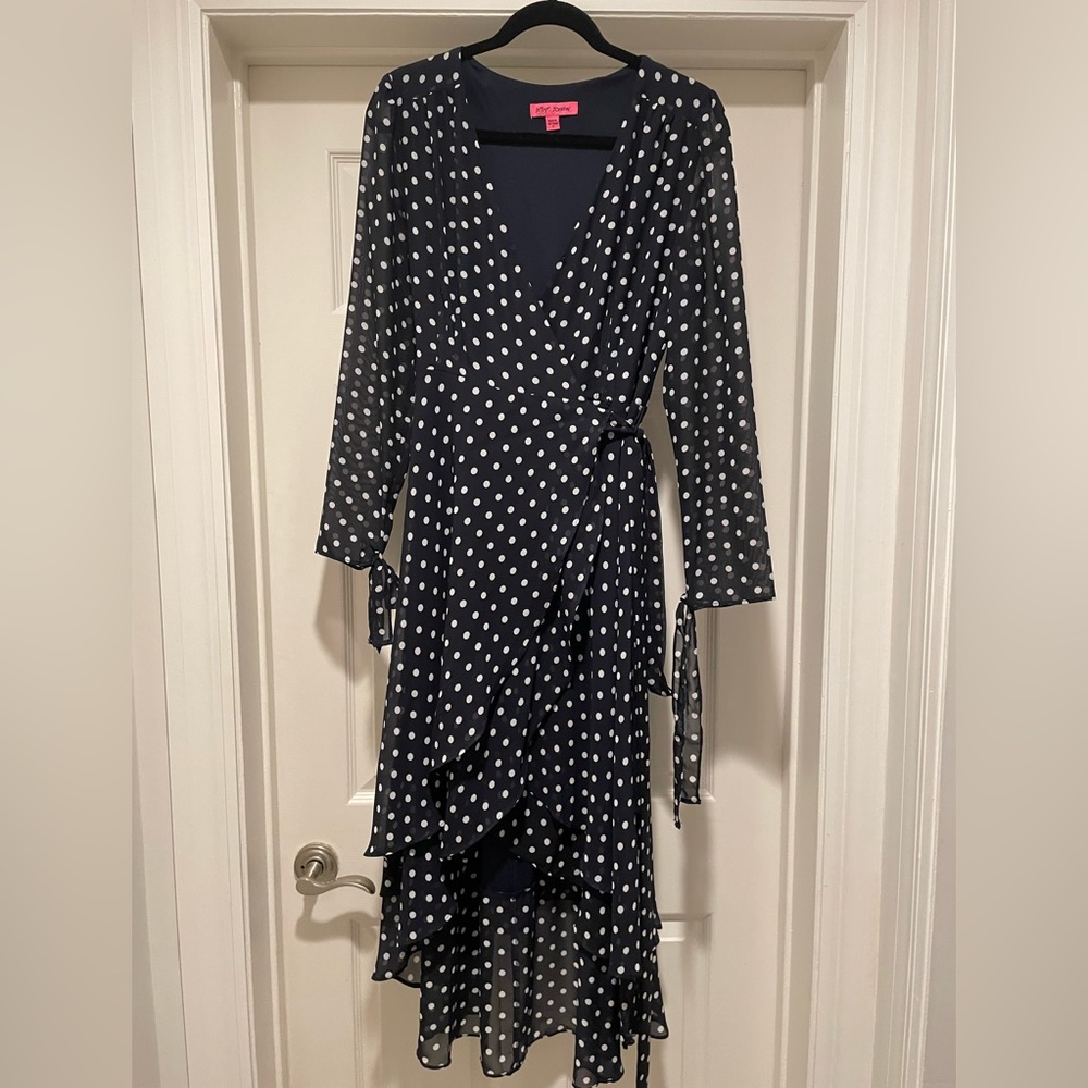 Betsy Johnson Navy Blue and White Polka Dot Wrap Dress Size 6